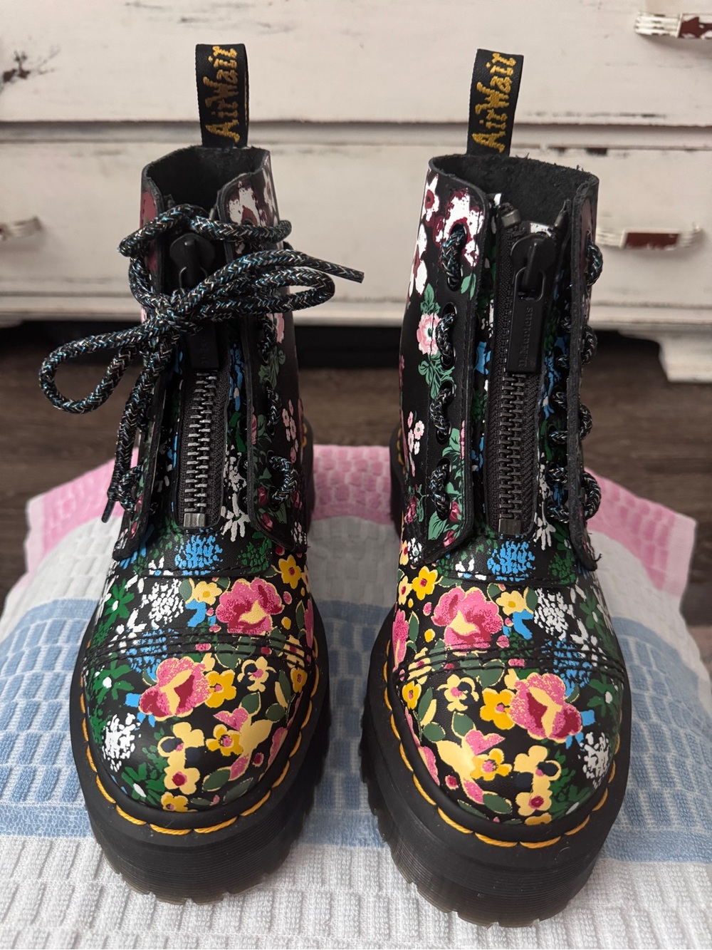 Dr. Martens Floral Lace-Up Platform Boots - Black/Pink/Yellow/Green/Blue
